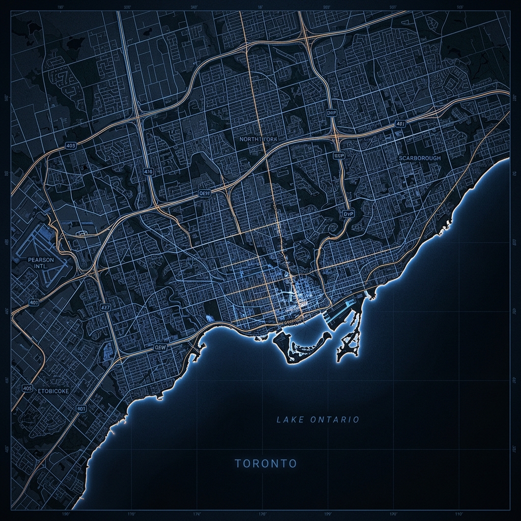 A high-contrast, moody satellite view map of North York, Toronto, Canada, heavily stylized in deep navy blues and dark greys to match a corporate dark mode aesthetic. Street lines glow faintly in a warm accent orange and blueprint blue. The overall mood is precise, technical, and architectural.